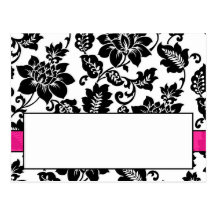 Black/Hot Pink Floral Damask Wedding Place Card Post Card
