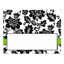 Black/Lime Green Floral Damask Wedding Place Card Post Card