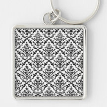 Black on White Damask Floral Keychains
