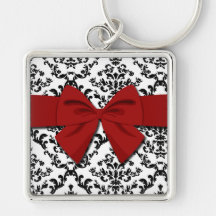 Black on White Damask Pattern Key Chains