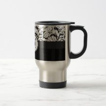 Black on White Floral Wisps, Stripes & Monogram Coffee Mug