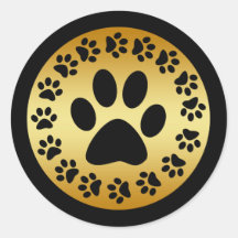 BLACK PAW PRINTS ON GOLD ROUND STICKER