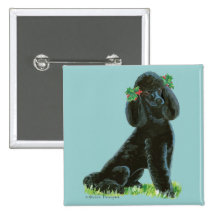 Black Poodle Christmas Holly Art Gifts & Cards Pinback Buttons