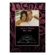 Black & Raspberry Damask 12th Wedding Anniversary Cards