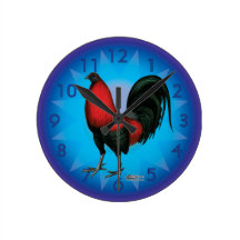Black Red Gamecock Round Wall Clocks