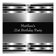 Black Silver Mans 21st Birthday Party Invitations