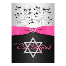 Black, Silver, Pink Floral with Faux Ribbon Invitation