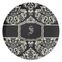Black & Vanilla Cream Damask Party Plate