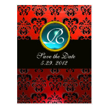 BLACK WHITE AND RED DAMASK BLUE GEM Monogram Postcards