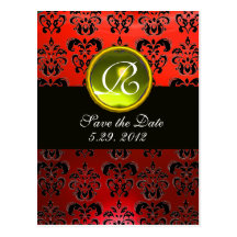 BLACK WHITE AND RED DAMASK  YELLOW TOPAZ Monogram Postcards