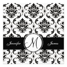 Black White Damask Monogram Wedding Invitation