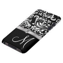 Black & White Damask with Diamond Heart & Monogram Case-Mate iPod Touch Case