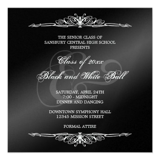 Black white formals dance ball prom elegant square custom invite