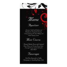 Black, White, Red Reverse Swirl Wedding Menu Custom Rack Card