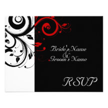 Black +White Red Swirl Wedding Matching RSVP Personalised Invite