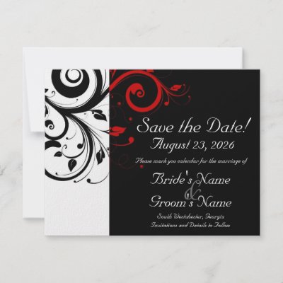 Black White Red Swirl Wedding Save the Date by CustomInvites