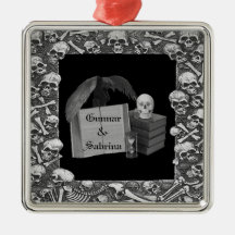Black & White Romance Skull Spellbook Wedding Ornaments