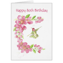 Blank 80th Birthday Cherry Blossom & Hummingbird Greeting Card