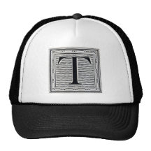 Block Letter "T" Woodcut Woodblock Inital Trucker Hats