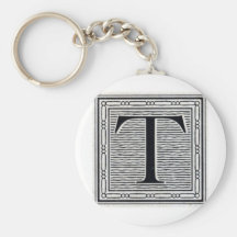Block Letter "T" Woodcut Woodblock Inital Key Chain