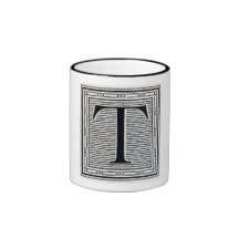 Block Letter "T" Woodcut Woodblock Inital Mugs