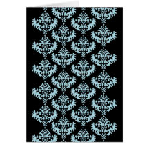 Blue and Black Damask Pattern Greeting Cards