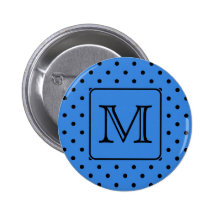 Blue and Black Polka Dot Monogram. Your Letter. Button