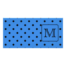 Blue and Black Polka Dot Monogram. Your Letter. Photo Card Template