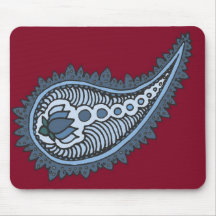 Blue and grey lotus paisley, red background mousepad