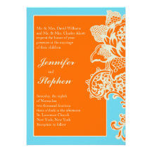 Blue and Orange Floral Scroll Wedding Invitation
