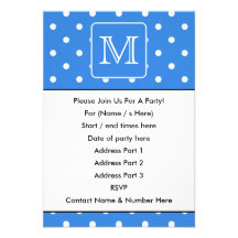 Blue and White Polka Dot Pattern Monogram. Custom. Invitation