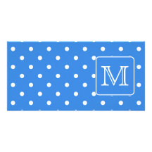 Blue and White Polka Dot Pattern Monogram. Custom. Customised Photo Card