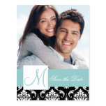 Blue, Black Damask Photo Save the Date Postcard