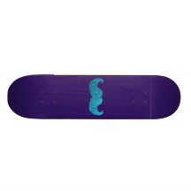 Blue Bling moustache  (Faux Glitter Graphic) Skate Board
