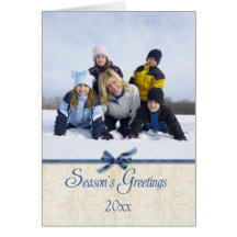Blue bow season's greetings christmas photo card