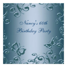 Blue Butterfly Swirls Womans 60th Birthday Party Custom Invitations