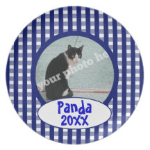 Blue Checkers Custom Photo Pet Cat Keepsake Plate