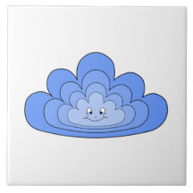 Blue Cloud with Smile on White. Ceramic Tile