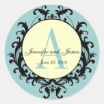 Blue Cream Wedding Monogram A Names Date Label Round Sticker