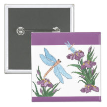 Blue Dragonfly and Iris Pinback Button