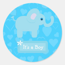 Blue Elephant & Hearts Baby Boy Announcement Stickers