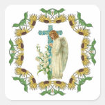 Blue Flowered Christian Cross Square Sticker