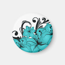 Blue Flowers and Black Scrolls on White Refrigerator Magnets