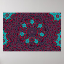 Blue Flowers Mandala on Red Print