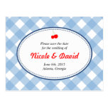 Blue gingham country rustic cherry save the date post card