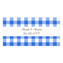 Blue gingham pattern wedding favours photo cards