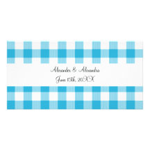 Blue gingham pattern wedding favours photo greeting card