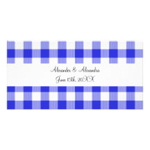 Blue gingham pattern wedding favours picture card