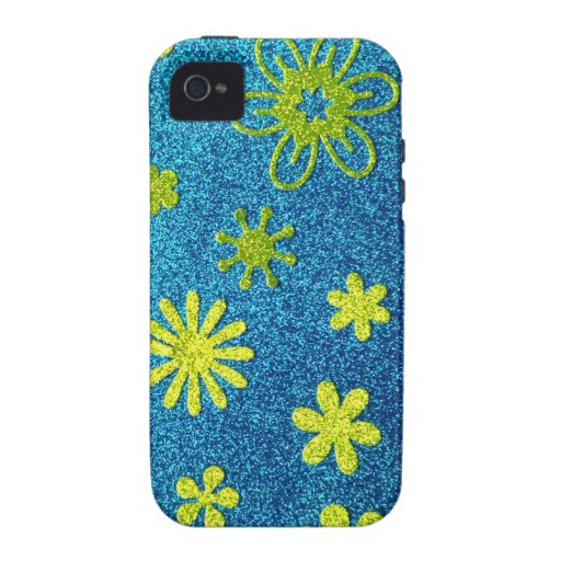 Blue Glitter & Green Flower Glam iPhone 4 Cases