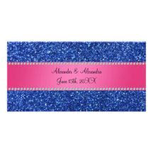 Blue glitter wedding favors customized photo card